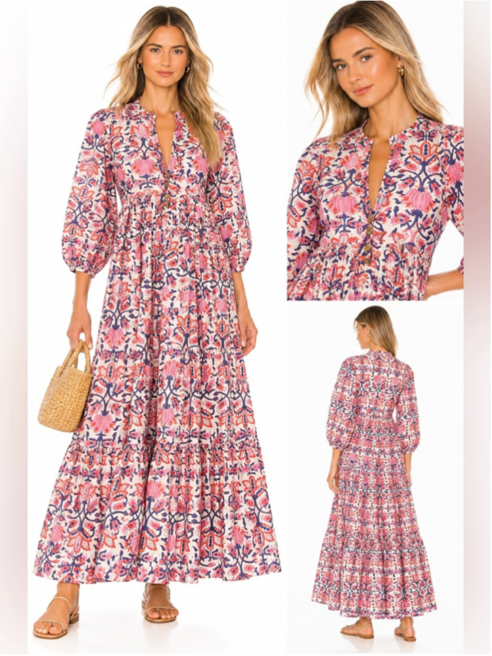 CJ Laing Floral Block Print Maxi Dress Pink Navy Cotton Boho Resort Dress
